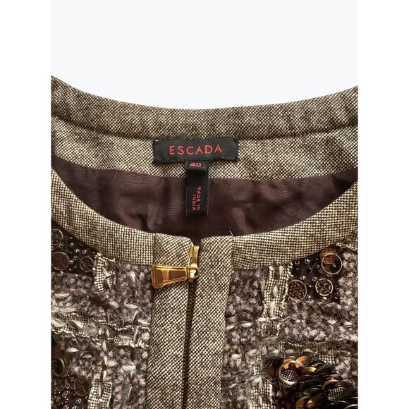 Escada Sequin Tweed Zip Front Dress 40 Sleeveless Alpaca Wool Designer Chic - Picture 8 of 11